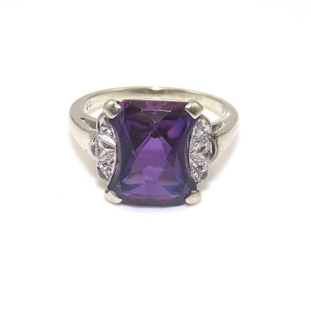 10K White Gold Ring Size 7.5 Purple Amethyst Clear Quartz